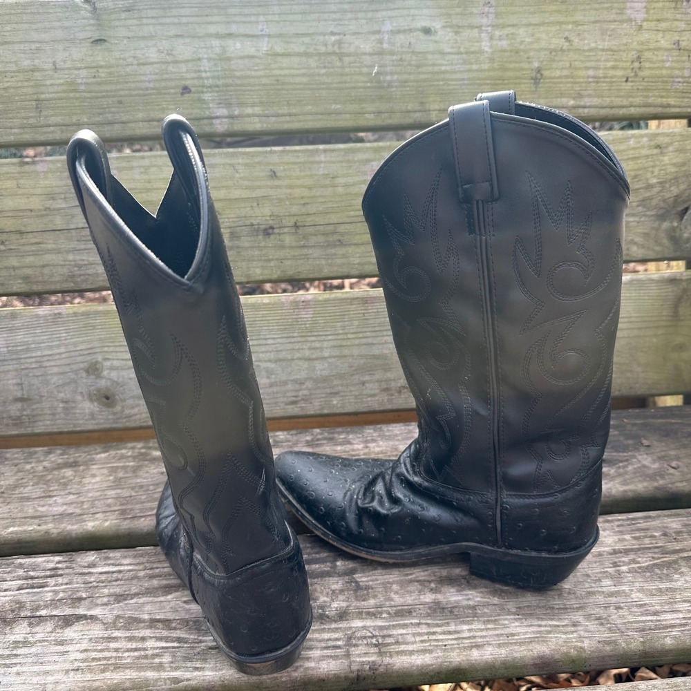 Out West Mens Black Leather Cowboy Boots Ostrich Pointed Toe VCM9010 Size 8.5 - Picture 5 of 10